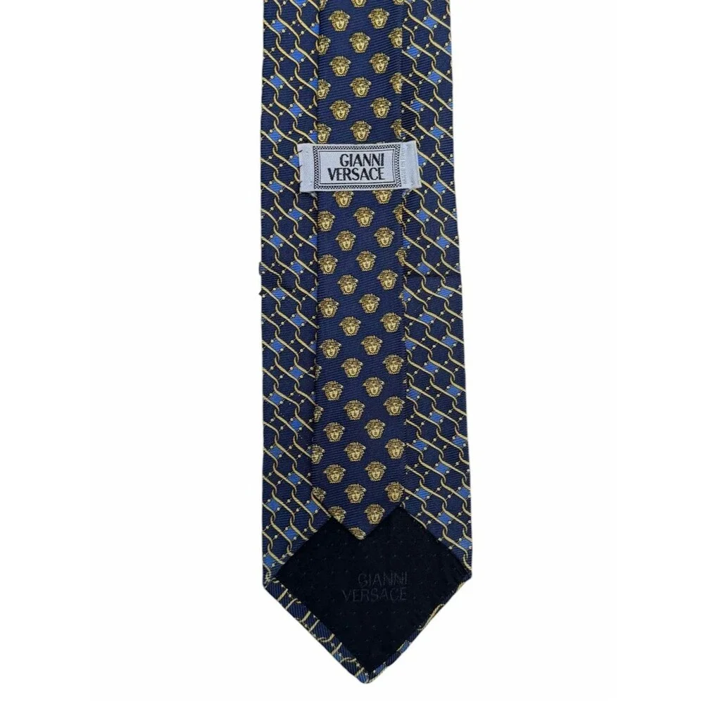 Gianni Versace Navy Gold Medusa Silk Tie Geometric Chain Pattern Italy Necktie
